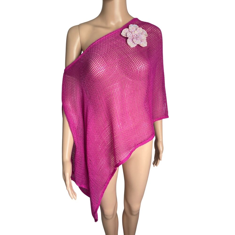 Handmade Fishnet Cover Up Pink Rhinestone Flower Barbiecore Festival Boho One